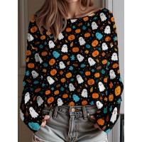 Plus Size, Women's Plus Size Oversized Off-the-Shoulder Sweater - Turquoise Blue, Orange, Black & White Bat Print Lightweight Sweater, Cute Bat Wing Collar & Boat Neck, Machine Washable Cozy Fall/Spring Sweater for Halloween, Christmas, Casual