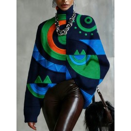 Plus Size - Women'S Fall/Winter Turtleneck Top, 2D Flat Abstract Geometric Pattern Top Green Orange Brown And Yellow Print For Fashion Statement Outfits