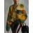 Plus Size - Women'S Fall/Winter Turtleneck Top, 2D Flat Abstract Geometric Pattern Top Green Orange Brown And Yellow Print For Fashion Statement Outfits