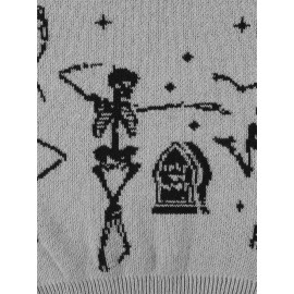 Plus Size - Women'S Oversized Gothic Dancing Skeletons & Bats Print Sweater - Long Sleeve Round Neck Pullover, Vibrant Orange Winter Warm Sweater for Halloween & Casual Attire, Cozy Fall Winter Sweater for Plus Size Women