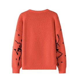Plus Size - Women'S Oversized Gothic Dancing Skeletons & Bats Print Sweater - Long Sleeve Round Neck Pullover, Vibrant Orange Winter Warm Sweater for Halloween & Casual Attire, Cozy Fall Winter Sweater for Plus Size Women