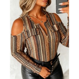 Plus Size, Plus Size Women's Off-Shoulder Sweater with All-Over Mosaic Print & Metal Chain Accent - Brown/Beige/Blue/Black/White Tassel Hem-like Trim, Round Neck Zipper Long Sleeve Casual to Dressy Blazer-like Top for Spring/Fall Layering (No