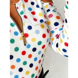 Plus Size, Plus Size Women's Off-Shoulder Sweater with All-Over Mosaic Print & Metal Chain Accent - Brown/Beige/Blue/Black/White Tassel Hem-like Trim, Round Neck Zipper Long Sleeve Casual to Dressy Blazer-like Top for Spring/Fall Layering (No