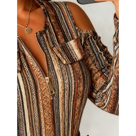 Plus Size, Plus Size Women's Off-Shoulder Sweater with All-Over Mosaic Print & Metal Chain Accent - Brown/Beige/Blue/Black/White Tassel Hem-like Trim, Round Neck Zipper Long Sleeve Casual to Dressy Blazer-like Top for Spring/Fall Layering (No