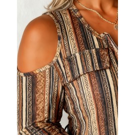 Plus Size, Plus Size Women's Off-Shoulder Sweater with All-Over Mosaic Print & Metal Chain Accent - Brown/Beige/Blue/Black/White Tassel Hem-like Trim, Round Neck Zipper Long Sleeve Casual to Dressy Blazer-like Top for Spring/Fall Layering (No