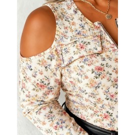 Plus Size, Plus Size Women's Off-Shoulder Sweater with All-Over Mosaic Print & Metal Chain Accent - Brown/Beige/Blue/Black/White Tassel Hem-like Trim, Round Neck Zipper Long Sleeve Casual to Dressy Blazer-like Top for Spring/Fall Layering (No