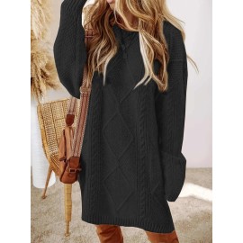 Plus Size - Women'S Plus Size Crochet Diamond Jacquard Drop Shoulder Sweater Dress - Loose and Casual Mid-Length Sweater, Warm and Comfortable, Perfect for Fall and Winter