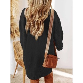 Plus Size - Women'S Plus Size Crochet Diamond Jacquard Drop Shoulder Sweater Dress - Loose and Casual Mid-Length Sweater, Warm and Comfortable, Perfect for Fall and Winter