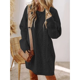 Plus Size - Women'S Plus Size Crochet Diamond Jacquard Drop Shoulder Sweater Dress - Loose and Casual Mid-Length Sweater, Warm and Comfortable, Perfect for Fall and Winter