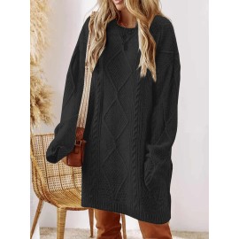 Plus Size - Women'S Plus Size Crochet Diamond Jacquard Drop Shoulder Sweater Dress - Loose and Casual Mid-Length Sweater, Warm and Comfortable, Perfect for Fall and Winter