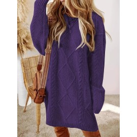 Plus Size - Women'S Plus Size Crochet Diamond Jacquard Drop Shoulder Sweater Dress - Loose and Casual Mid-Length Sweater, Warm and Comfortable, Perfect for Fall and Winter