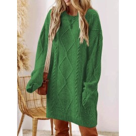 Plus Size - Women'S Plus Size Crochet Diamond Jacquard Drop Shoulder Sweater Dress - Loose and Casual Mid-Length Sweater, Warm and Comfortable, Perfect for Fall and Winter