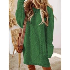 Plus Size - Women'S Plus Size Crochet Diamond Jacquard Drop Shoulder Sweater Dress - Loose and Casual Mid-Length Sweater, Warm and Comfortable, Perfect for Fall and Winter