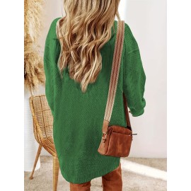 Plus Size - Women'S Plus Size Crochet Diamond Jacquard Drop Shoulder Sweater Dress - Loose and Casual Mid-Length Sweater, Warm and Comfortable, Perfect for Fall and Winter