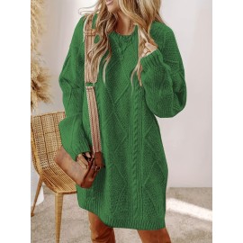 Plus Size - Women'S Plus Size Crochet Diamond Jacquard Drop Shoulder Sweater Dress - Loose and Casual Mid-Length Sweater, Warm and Comfortable, Perfect for Fall and Winter
