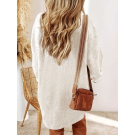 Plus Size - Women'S Plus Size Crochet Diamond Jacquard Drop Shoulder Sweater Dress - Loose and Casual Mid-Length Sweater, Warm and Comfortable, Perfect for Fall and Winter