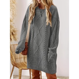 Plus Size - Women'S Plus Size Crochet Diamond Jacquard Drop Shoulder Sweater Dress - Loose and Casual Mid-Length Sweater, Warm and Comfortable, Perfect for Fall and Winter