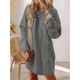 Plus Size - Women'S Plus Size Crochet Diamond Jacquard Drop Shoulder Sweater Dress - Loose and Casual Mid-Length Sweater, Warm and Comfortable, Perfect for Fall and Winter