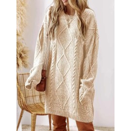 Plus Size - Women'S Plus Size Crochet Diamond Jacquard Drop Shoulder Sweater Dress - Loose and Casual Mid-Length Sweater, Warm and Comfortable, Perfect for Fall and Winter
