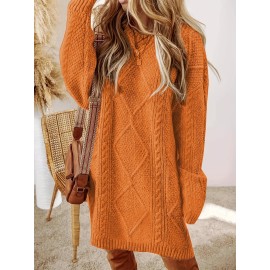 Plus Size - Women'S Plus Size Crochet Diamond Jacquard Drop Shoulder Sweater Dress - Loose and Casual Mid-Length Sweater, Warm and Comfortable, Perfect for Fall and Winter
