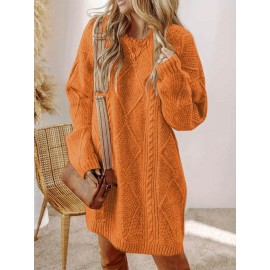 Plus Size - Women'S Plus Size Crochet Diamond Jacquard Drop Shoulder Sweater Dress - Loose and Casual Mid-Length Sweater, Warm and Comfortable, Perfect for Fall and Winter