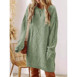 Plus Size - Women'S Plus Size Crochet Diamond Jacquard Drop Shoulder Sweater Dress - Loose and Casual Mid-Length Sweater, Warm and Comfortable, Perfect for Fall and Winter