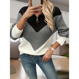 Plus Size - Women'S Plus Size Oversized V-Neck Sweater Dress - Black & White Color Block with Red Accent - Long Sleeve Ribbed Texture Pullover, Stretchy Winter Sweater with Button Closure, Casual Fall/Winter Sweater Dress for Women (No Lining