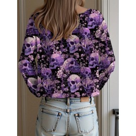 Plus Size, Women's Gothic Topwear Gothic Red & Black Poppy Flower & Bat Print (Bat Wing) Topwear, Off-the-Shoulder/Boat Neck Pullover with White Piping, Loose Waist-Cinching Waist, Machine Washable Layering Top for Fall