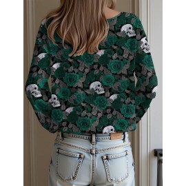 Plus Size, Women's Gothic Topwear Gothic Red & Black Poppy Flower & Bat Print (Bat Wing) Topwear, Off-the-Shoulder/Boat Neck Pullover with White Piping, Loose Waist-Cinching Waist, Machine Washable Layering Top for Fall