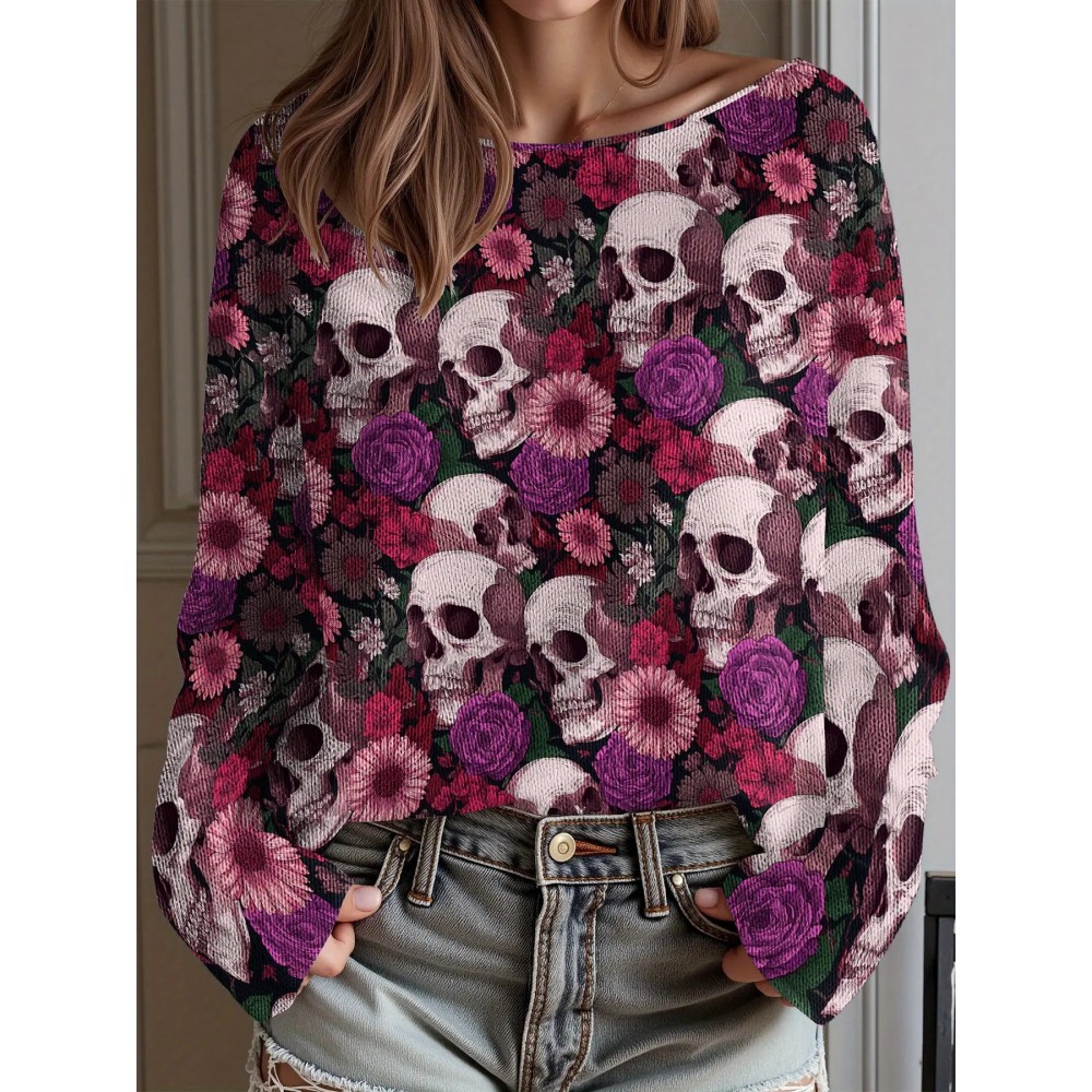 Plus Size, Women's Gothic Topwear Gothic Red & Black Poppy Flower & Bat Print (Bat Wing) Topwear, Off-the-Shoulder/Boat Neck Pullover with White Piping, Loose Waist-Cinching Waist, Machine Washable Layering Top for Fall