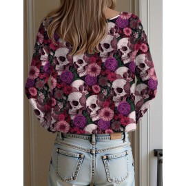 Plus Size, Women's Gothic Topwear Gothic Red & Black Poppy Flower & Bat Print (Bat Wing) Topwear, Off-the-Shoulder/Boat Neck Pullover with White Piping, Loose Waist-Cinching Waist, Machine Washable Layering Top for Fall