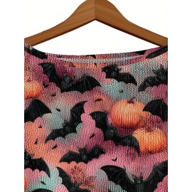 Plus Size, Women's Gothic Topwear Gothic Red & Black Poppy Flower & Bat Print (Bat Wing) Topwear, Off-the-Shoulder/Boat Neck Pullover with White Piping, Loose Waist-Cinching Waist, Machine Washable Layering Top for Fall