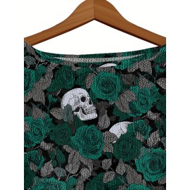 Plus Size, Women's Gothic Topwear Gothic Red & Black Poppy Flower & Bat Print (Bat Wing) Topwear, Off-the-Shoulder/Boat Neck Pullover with White Piping, Loose Waist-Cinching Waist, Machine Washable Layering Top for Fall