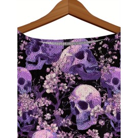 Plus Size, Women's Gothic Topwear Gothic Red & Black Poppy Flower & Bat Print (Bat Wing) Topwear, Off-the-Shoulder/Boat Neck Pullover with White Piping, Loose Waist-Cinching Waist, Machine Washable Layering Top for Fall