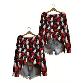 Plus Size, Women's Gothic Topwear Gothic Red & Black Poppy Flower & Bat Print (Bat Wing) Topwear, Off-the-Shoulder/Boat Neck Pullover with White Piping, Loose Waist-Cinching Waist, Machine Washable Layering Top for Fall