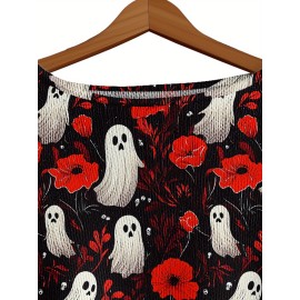 Plus Size, Women's Gothic Topwear Gothic Red & Black Poppy Flower & Bat Print (Bat Wing) Topwear, Off-the-Shoulder/Boat Neck Pullover with White Piping, Loose Waist-Cinching Waist, Machine Washable Layering Top for Fall