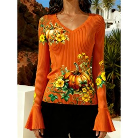 Plus Size - Plus Size, Women'S Elegant Slim Fit V-Neck Sweater - & Striped All-Over Print, Flared Sleeves, Soft Stretchy Fabric, Fall/Winter Warmth