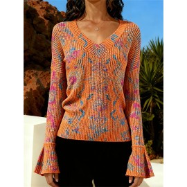 Plus Size - Plus Size, Women'S Elegant Slim Fit V-Neck Sweater - & Striped All-Over Print, Flared Sleeves, Soft Stretchy Fabric, Fall/Winter Warmth