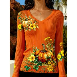 Plus Size - Plus Size, Women'S Elegant Slim Fit V-Neck Sweater - & Striped All-Over Print, Flared Sleeves, Soft Stretchy Fabric, Fall/Winter Warmth