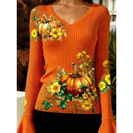 Plus Size - Plus Size, Women'S Elegant Slim Fit V-Neck Sweater - & Striped All-Over Print, Flared Sleeves, Soft Stretchy Fabric, Fall/Winter Warmth