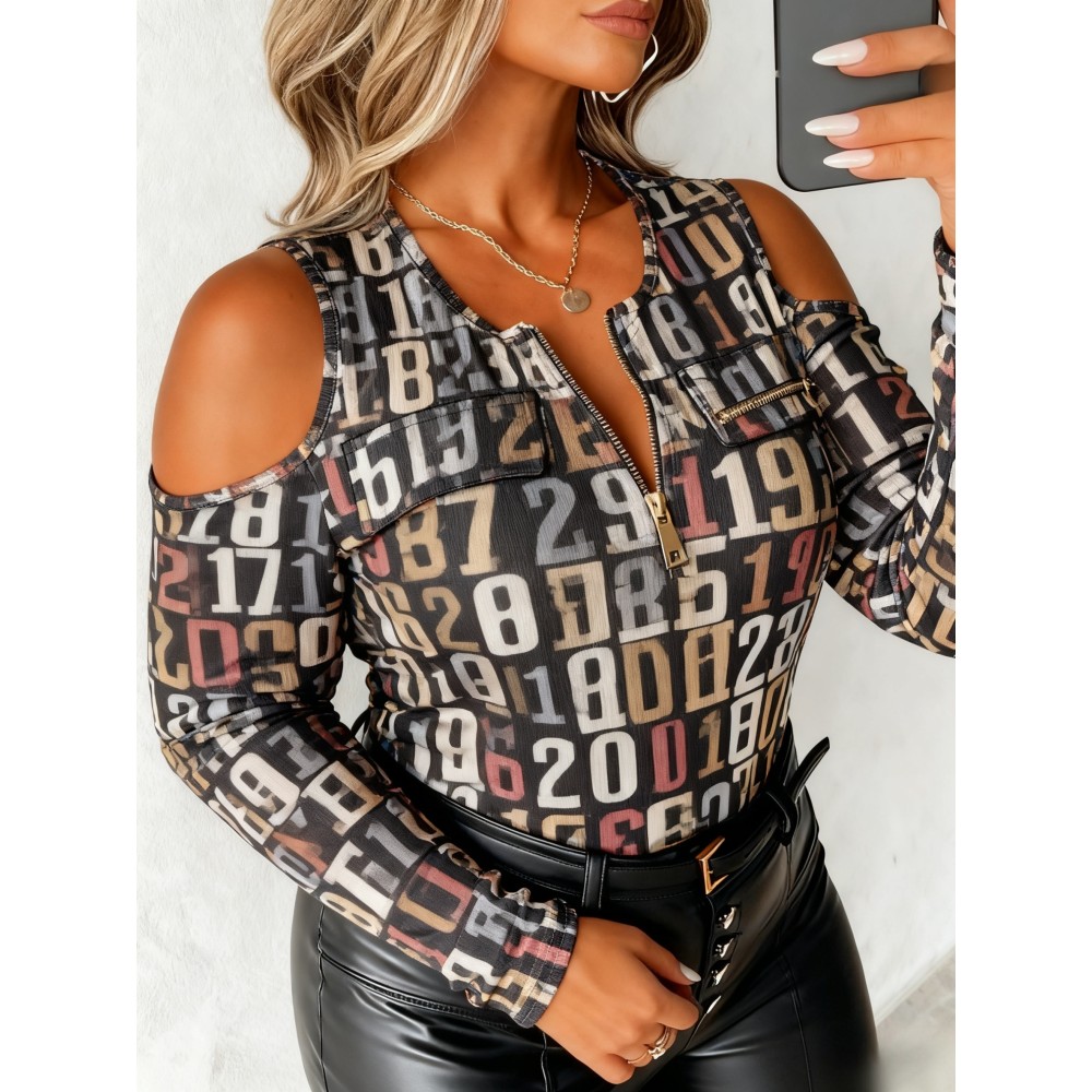 Plus Size - Plus Size, Plus Size Women'S Off-Shoulder Sweater with Metal Chain Accent - Vibrant Orange & Multicolor Floral Print Round Neck Long Sleeve Top, All-Over Pattern Casual to Semi-Formal Shirt for Spring/Autumn, Regular Fit Versatile Everyd