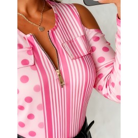 Plus Size - Plus Size, Plus Size Women'S Off-Shoulder Sweater with Metal Chain Accent - Vibrant Orange & Multicolor Floral Print Round Neck Long Sleeve Top, All-Over Pattern Casual to Semi-Formal Shirt for Spring/Autumn, Regular Fit Versatile Everyd