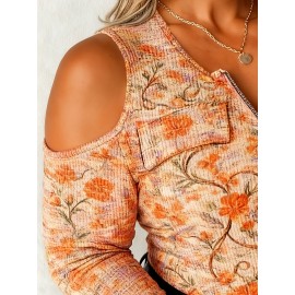 Plus Size - Plus Size, Plus Size Women'S Off-Shoulder Sweater with Metal Chain Accent - Vibrant Orange & Multicolor Floral Print Round Neck Long Sleeve Top, All-Over Pattern Casual to Semi-Formal Shirt for Spring/Autumn, Regular Fit Versatile Everyd