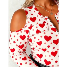 Plus Size - Plus Size, Plus Size Women'S Off-Shoulder Sweater with Metal Chain Accent - Vibrant Orange & Multicolor Floral Print Round Neck Long Sleeve Top, All-Over Pattern Casual to Semi-Formal Shirt for Spring/Autumn, Regular Fit Versatile Everyd