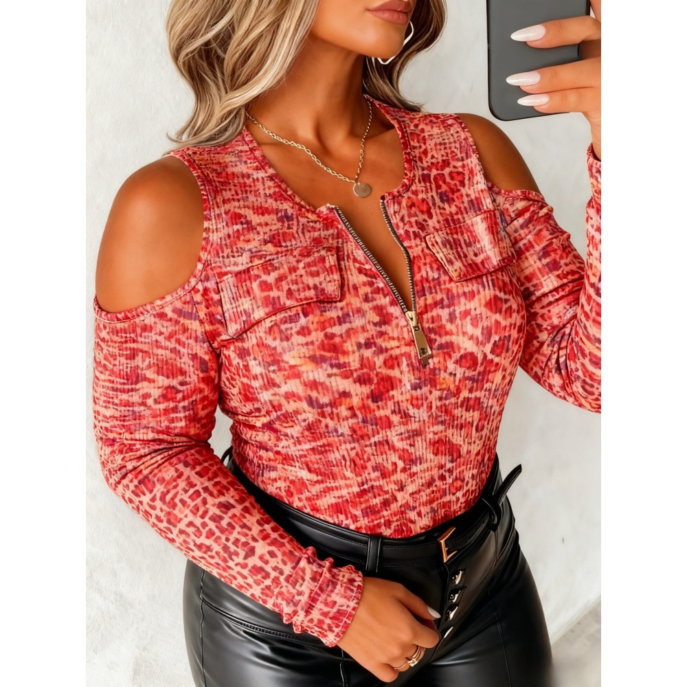 Plus Size - Plus Size, Women'S Plus Size Off-Shoulder Sweater with Full-Body Print & Metal Chain Accent - Round Neck Long Sleeve Casual to Semi-Formal Top, Vibrant Orange/, Regular Fit Spring/Autumn Sweater for Everyday & Special Occasions