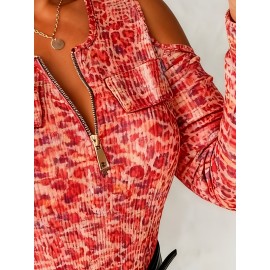 Plus Size - Plus Size, Women'S Plus Size Off-Shoulder Sweater with Full-Body Print & Metal Chain Accent - Round Neck Long Sleeve Casual to Semi-Formal Top, Vibrant Orange/, Regular Fit Spring/Autumn Sweater for Everyday & Special Occasions