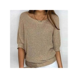 Plus Size - Women'S Plus Size Elegant European & American Style Solid Color Sweater - Loose Fit Round Neck 7/8 Sleeve Winter Warm Pullover, Soft Stretchy Round Neck Top for Fall & Winter, Office, Semi-Formal & Casual Attire