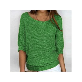 Plus Size - Women'S Plus Size Elegant European & American Style Solid Color Sweater - Loose Fit Round Neck 7/8 Sleeve Winter Warm Pullover, Soft Stretchy Round Neck Top for Fall & Winter, Office, Semi-Formal & Casual Attire