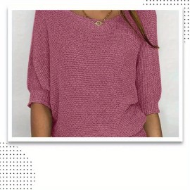 Plus Size - Women'S Plus Size Elegant European & American Style Solid Color Sweater - Loose Fit Round Neck 7/8 Sleeve Winter Warm Pullover, Soft Stretchy Round Neck Top for Fall & Winter, Office, Semi-Formal & Casual Attire