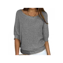 Plus Size - Women'S Plus Size Elegant European & American Style Solid Color Sweater - Loose Fit Round Neck 7/8 Sleeve Winter Warm Pullover, Soft Stretchy Round Neck Top for Fall & Winter, Office, Semi-Formal & Casual Attire